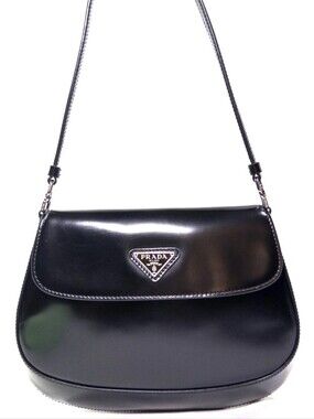 Prada Black Brushed Leather Mini Cleo Shoulder Bag with Logo Plaque